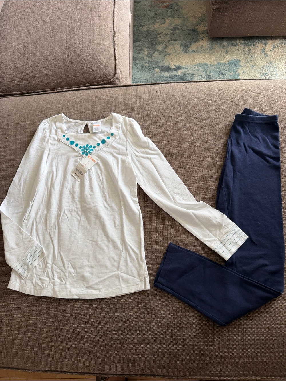 Gymboree White Tunic Top with Teal Embroidery & Navy Pajama Pants